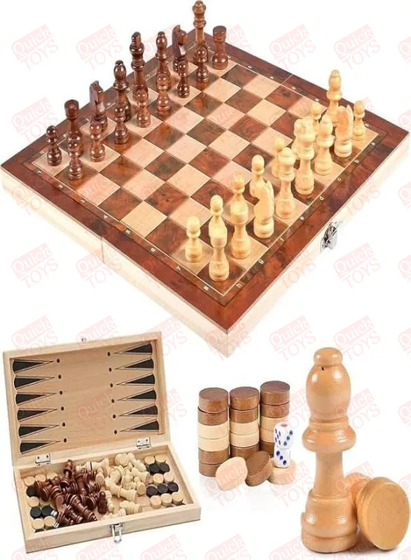 طقم شطرنج خشبي، 3 ألعاب في 1، لوح قابل للطي، بني، 29 سم، لعمر 6 سنوات فأكثر - الصورة 4